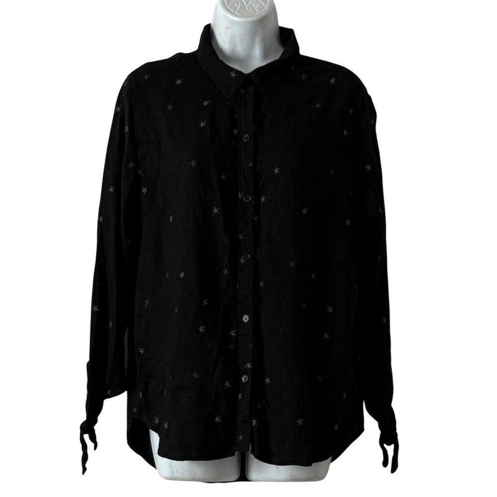 Rails Robyn Blouse Womens L Black Tonal Star Print Button Front Collared